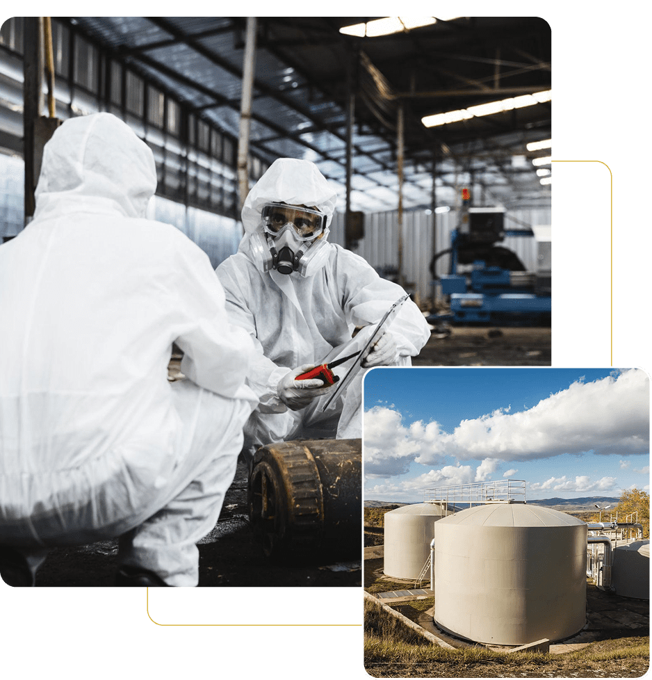 Workers in protective suits beside storage tanks.