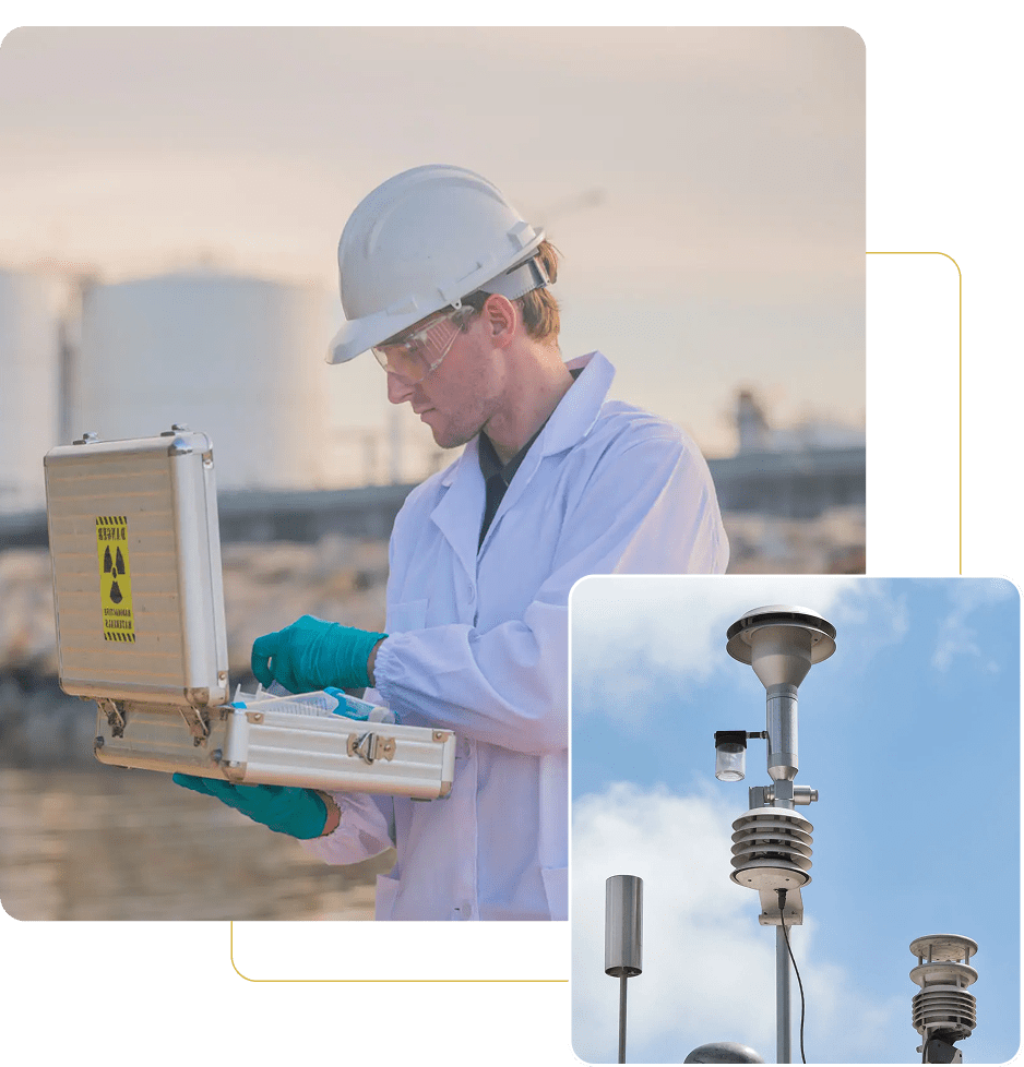 Scientist with equipment and environmental sensor.