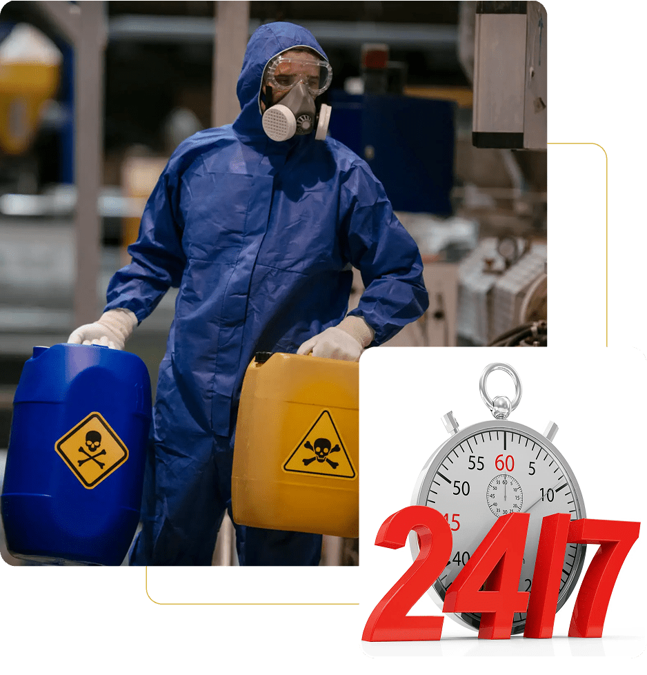 Person handling hazardous materials, stopwatch indicates 24/7.