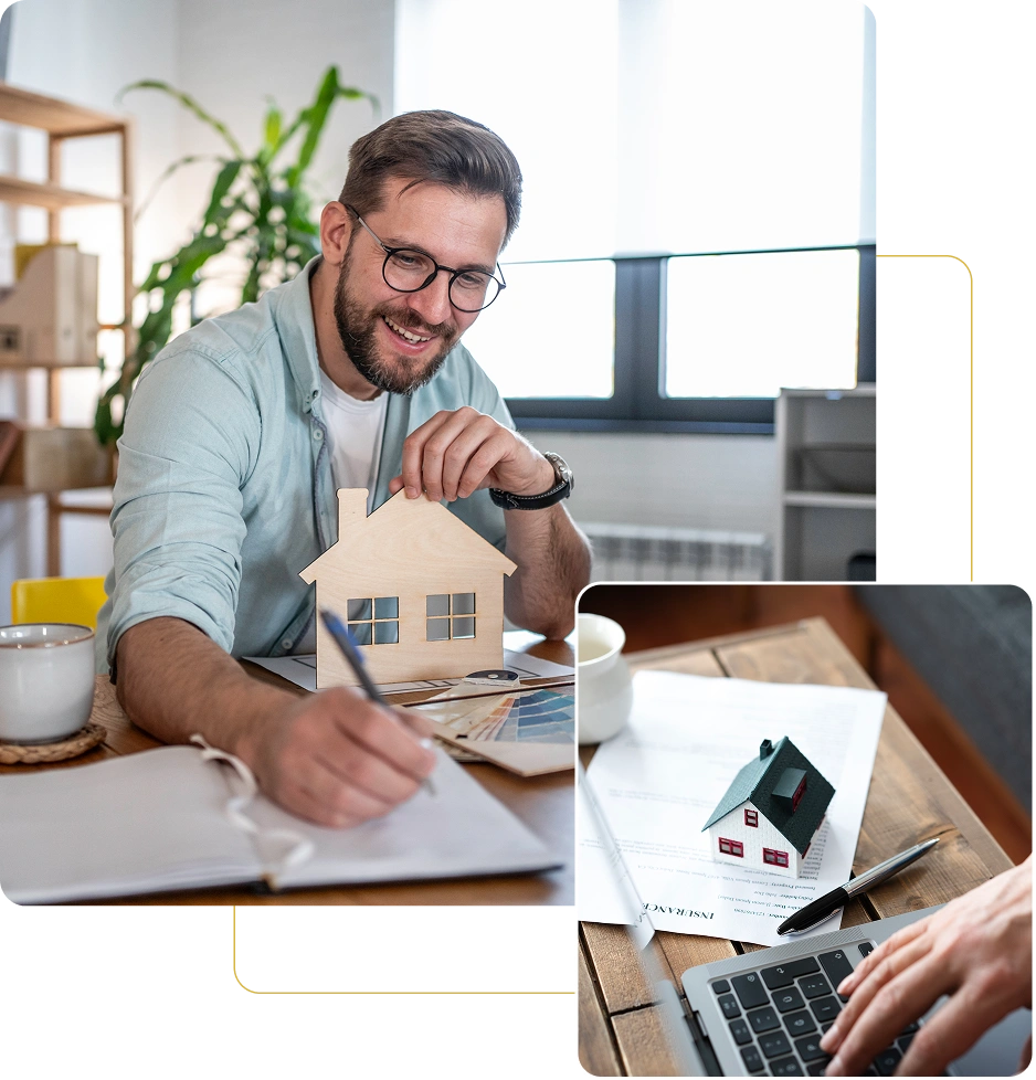 Man planning home construction at desk.