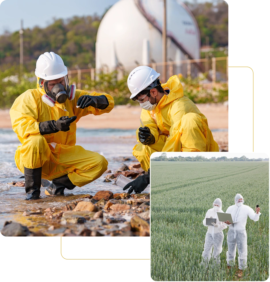 Scientists in protective suits conducting field research.