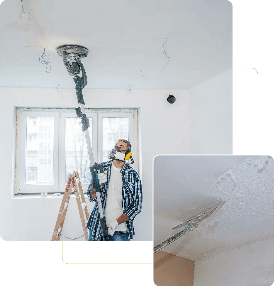 Worker sanding ceiling with power tool.