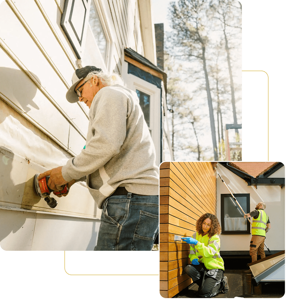 Workers performing exterior home maintenance tasks.