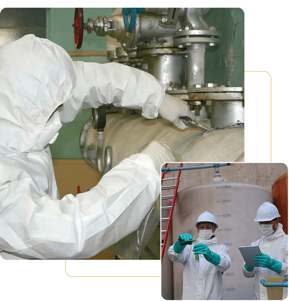 Workers in protective suits inspecting equipment.