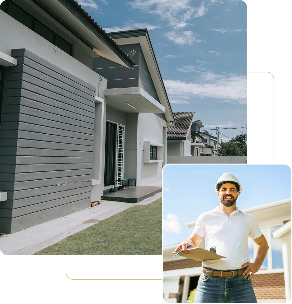 Modern house exterior with construction worker.