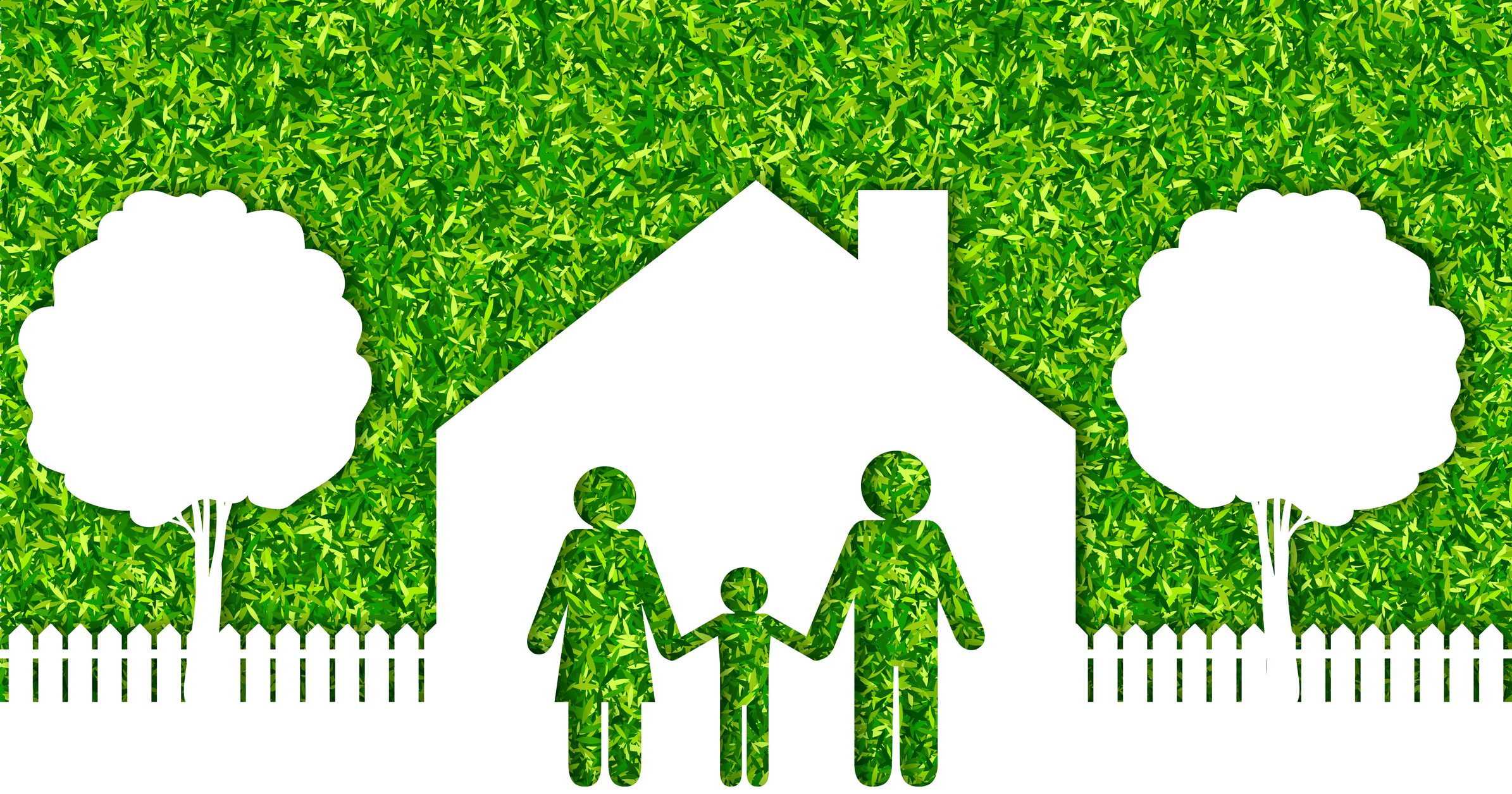 Family silhouette with trees and house.