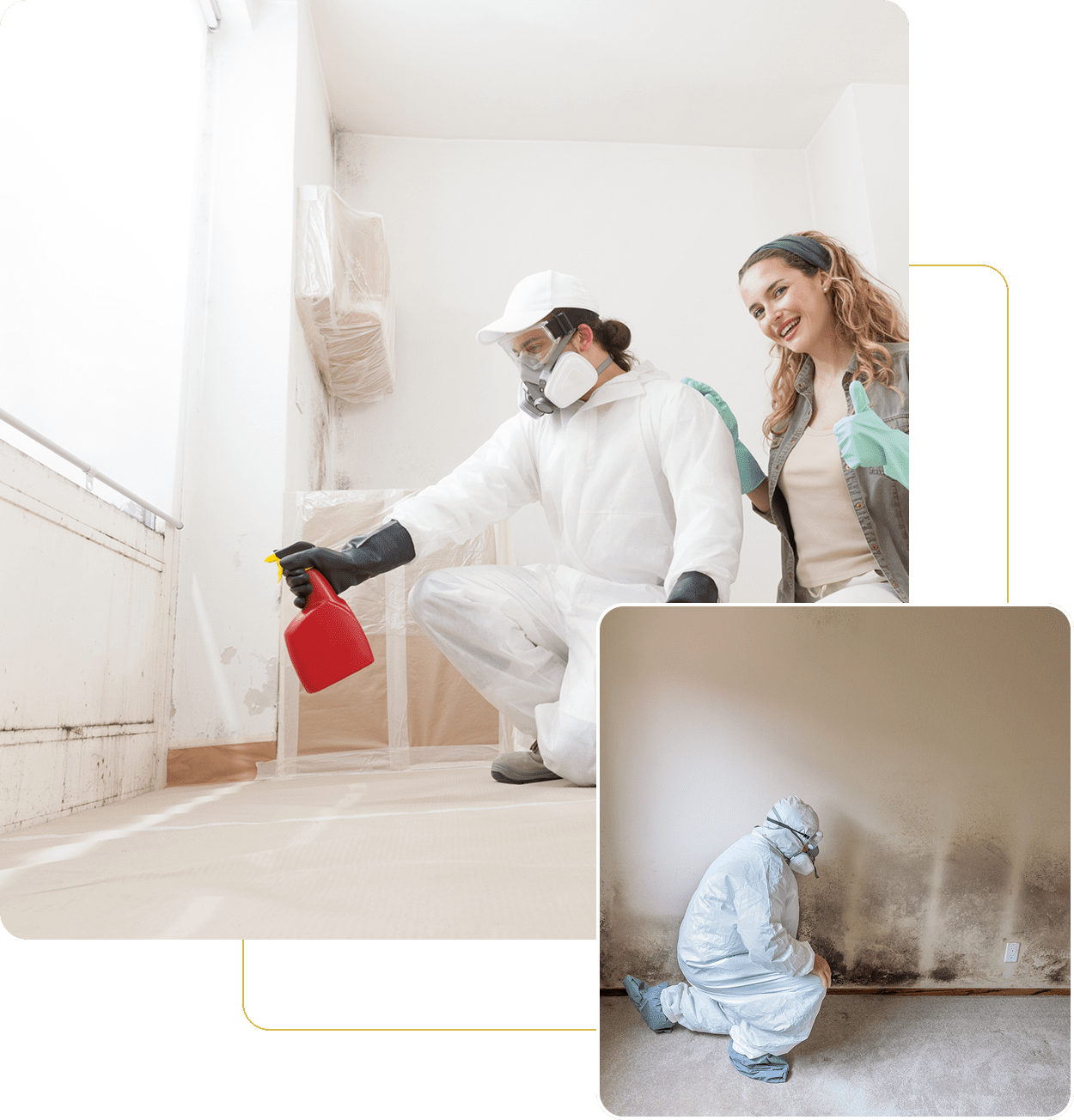 Man and woman inspecting mold remediation process.