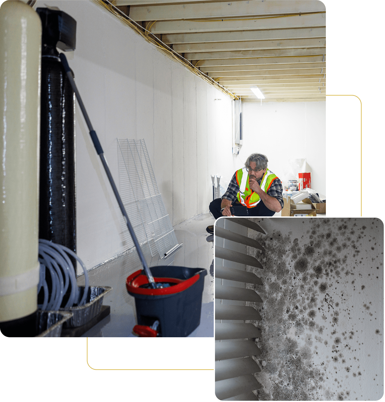 Basement waterproofing inspection with mold close-up.