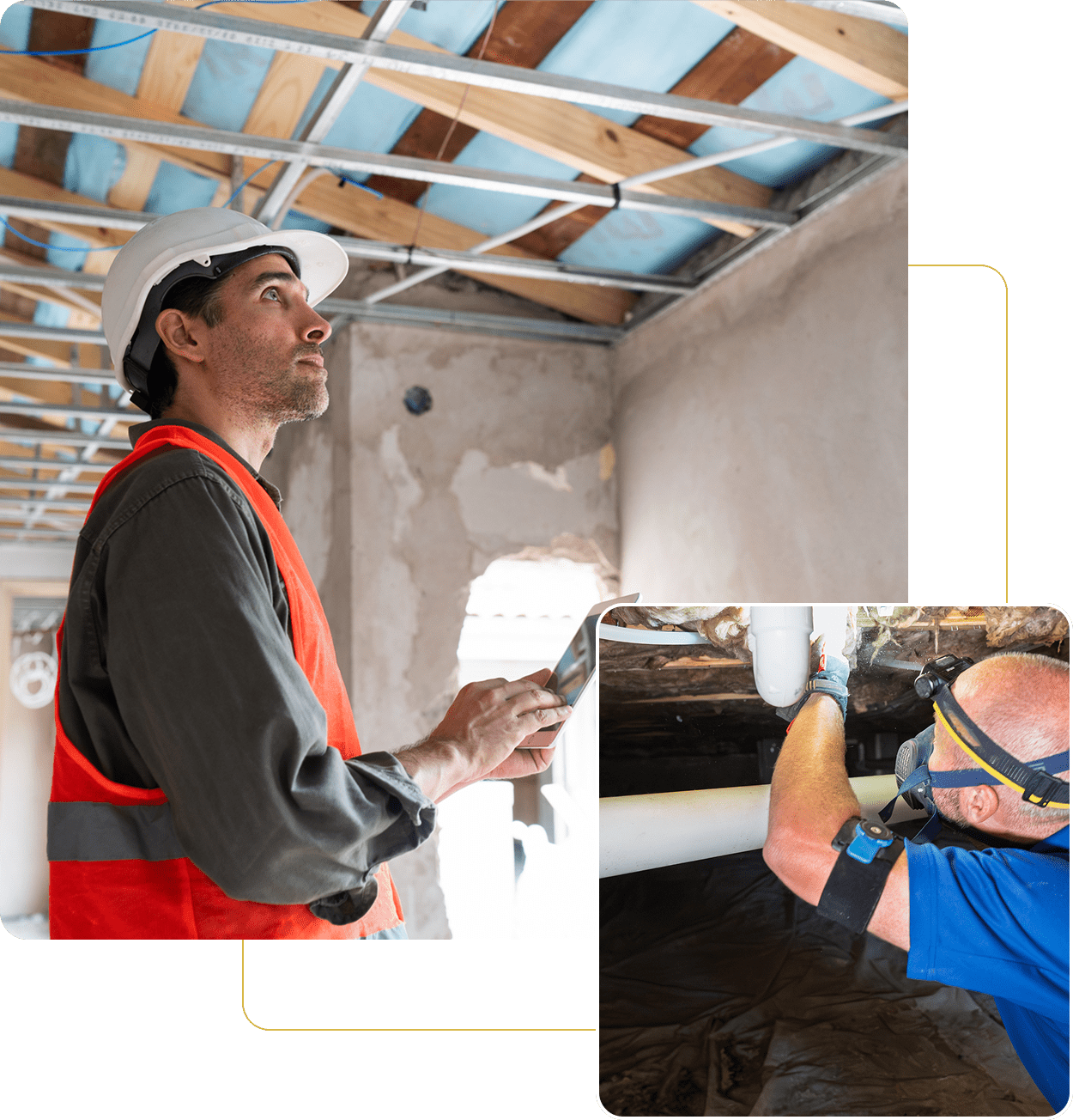 Construction worker inspecting ceiling framework.