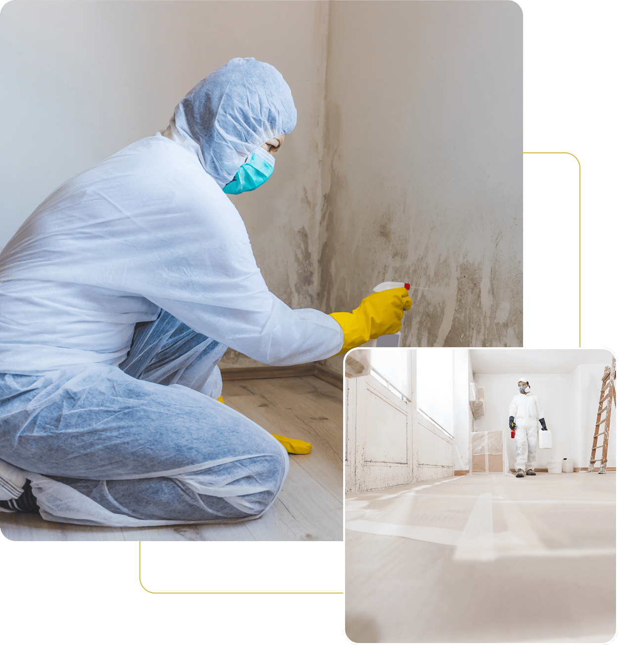 Person removing mold from wall wearing protective gear.