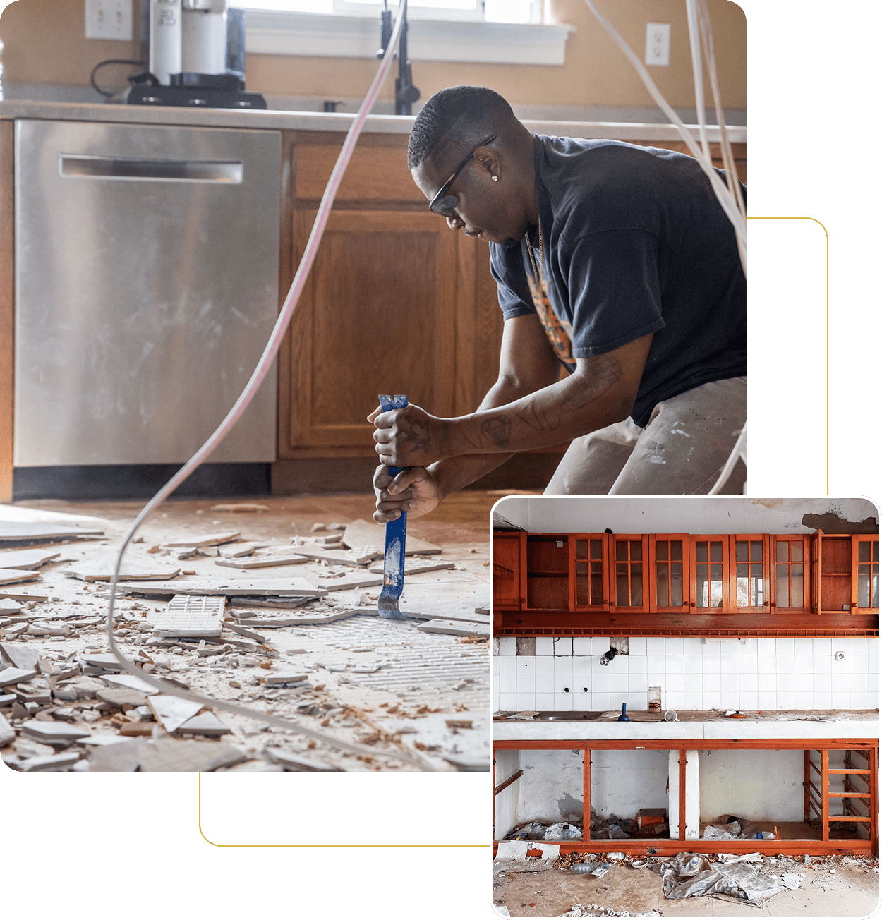 Man renovating kitchen floor with tools.