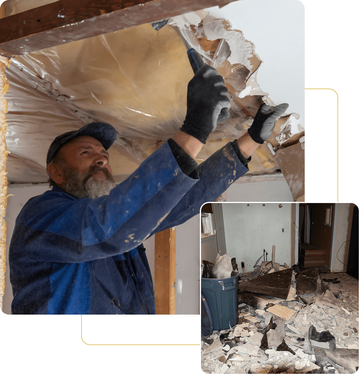Man removing ceiling drywall during renovation.