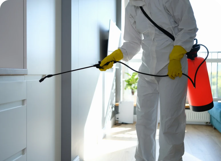 Person spraying pesticide in protective suit indoors.