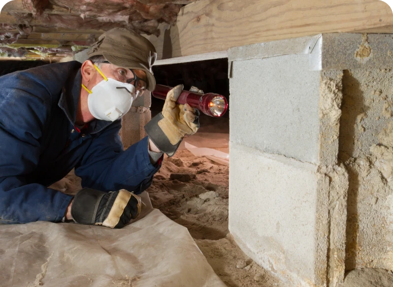 Inspector examining crawl space with flashlight.